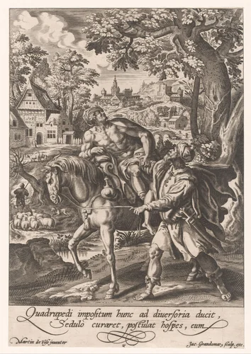 Samaritaan brengt de gewonde man naar een herberg by Unknown, print, 1588-1622