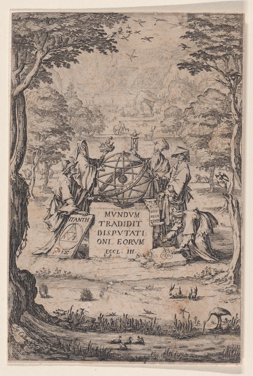 Frontispiece, from "Sacra Cosmologia, pièce appelée aussi Le Titre aux Astrologues" (Sacra Cosmologia, also called The Title Page for The Astrologers) by Jacques Callot, print, 1625-1635
