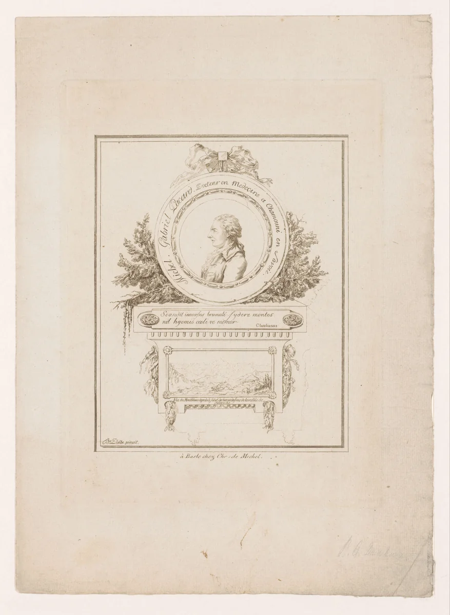 Portret van Michel-Gabriel Paccard met gezicht op de Montblanc by Louis Albert Bacler, print, 1788-1790
