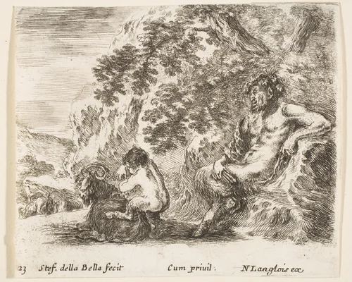 A satyr sitting against a tree to right and holding a flute in his right hand, a child playing with a goat to left, plate 23 from "Diversi capricci" by Stefano della Bella, print, 1639-1649