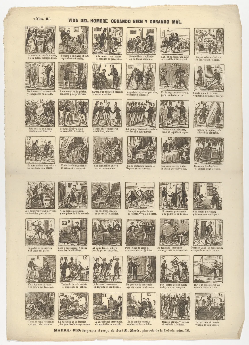 The life of the man who works well and the other badly ('vida del hombre obrando bien y obrando mal') 1859 by José María Marés, print, 1859