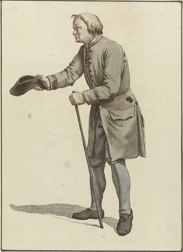 Bedelaar met hoed en stok by Mathias de Sallieth, print, 1772-1791