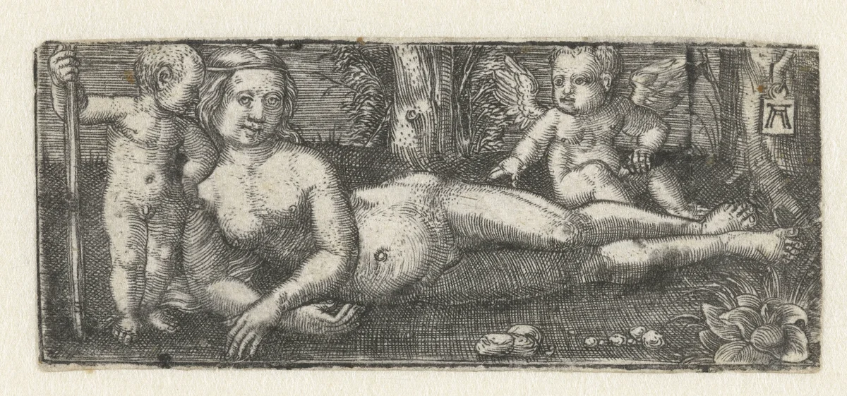Liggende Venus met twee putti by Unknown, print, 1506-1538