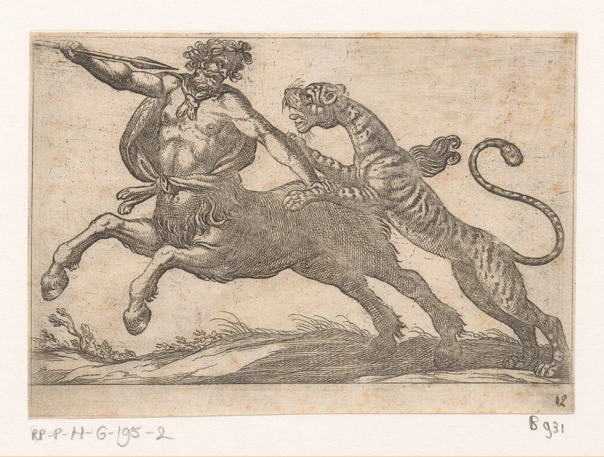 Een tijger vechtend met een centaur by Antonio Tempesta, print, 1600