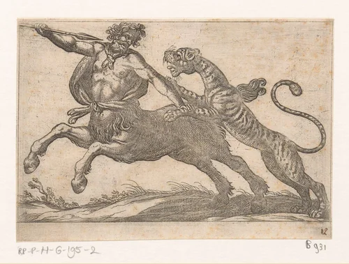 Een tijger vechtend met een centaur by Antonio Tempesta, print, 1600