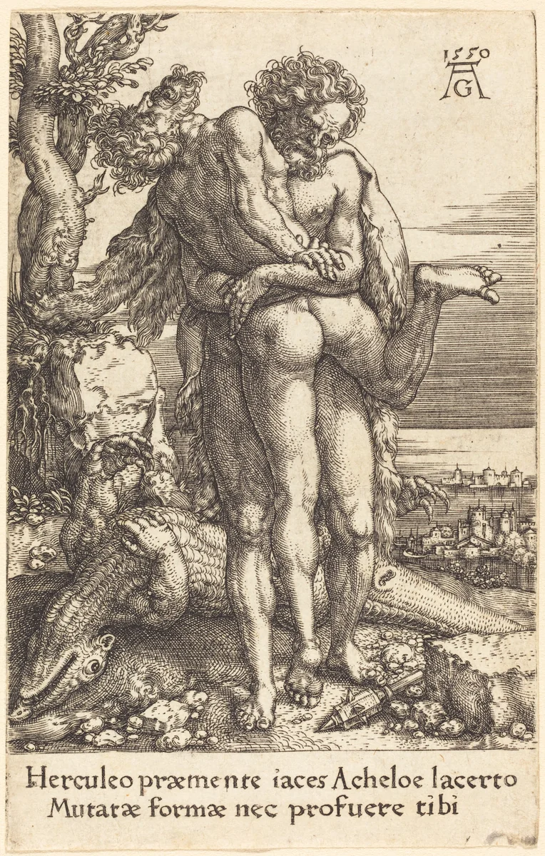 Hercules Fighting the Rivergod Achelus by Heinrich Aldegrever, print, 1550