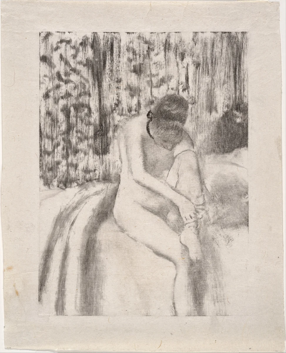 Girl Putting on Her Stockings by Edgar Degas, print, 1876-1877