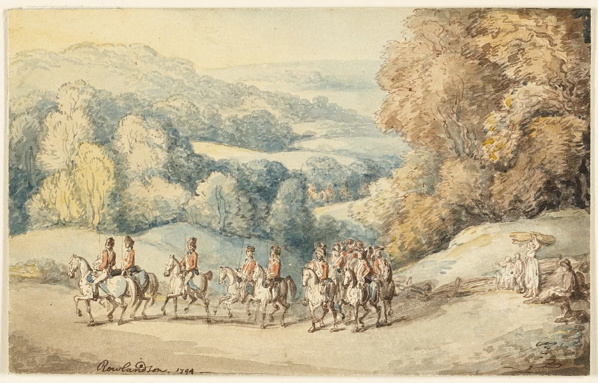 Cavalry on the March (recto); Fragment of Sketch of Horse (verso) by Thomas Rowlandson, painting, 1794-1827