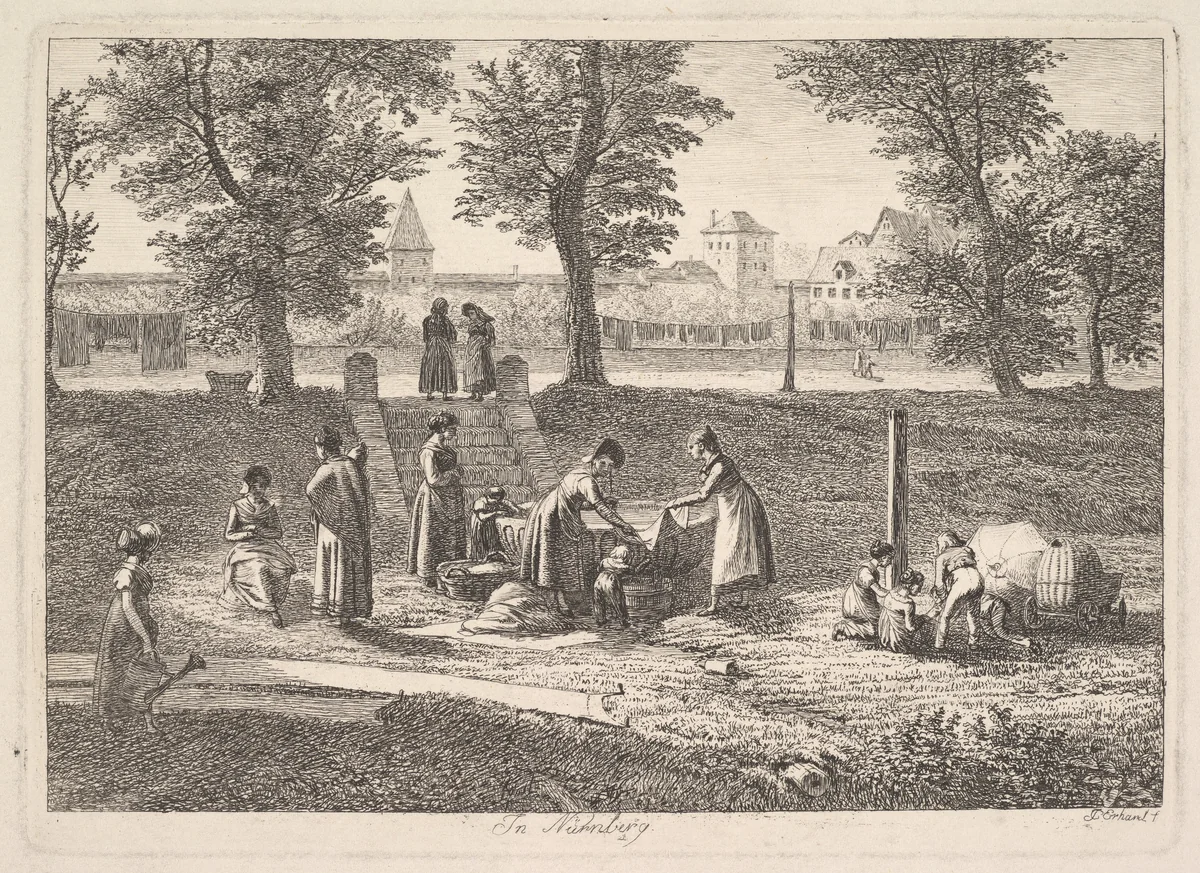 Outdoor Scene of Women in Domestic Activities in Nurnberg, by Johann Christoph Erhard, print, 1800-1822
