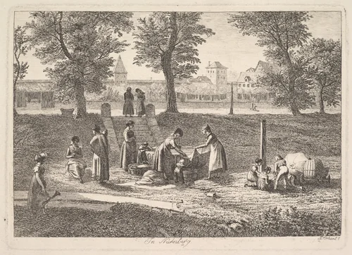 Outdoor Scene of Women in Domestic Activities in Nurnberg, by Johann Christoph Erhard, print, 1800-1822