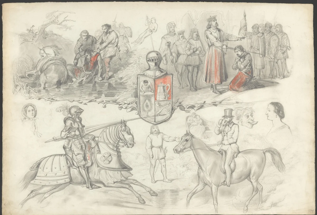 Ridders en ruiters by Karel Frederik Bombled, drawing, 1864-1902