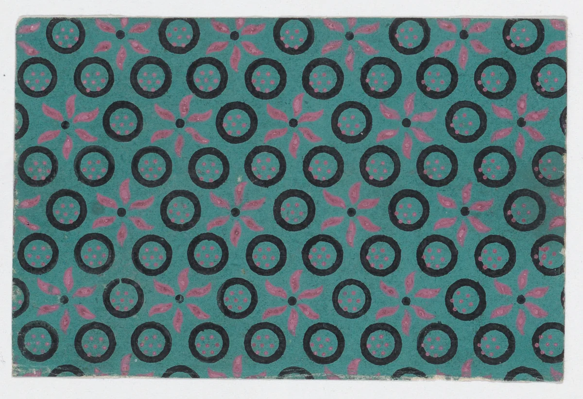 Sheet with pattern of flowers and circles by anonymous, print, 1800-1900