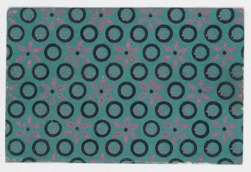 Sheet with pattern of flowers and circles by anonymous, print, 1800-1900