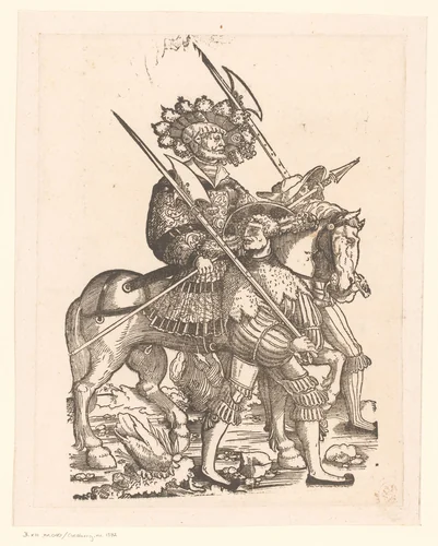 Officier te paard met twee voetsoldaten by anonymous, print, 1520-1562