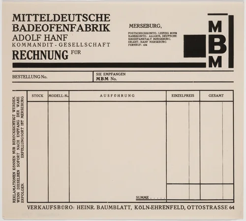 Mitteldeutsche Badeofenfabrik, Adolf Hanf, Rechnung by Franz Wilhelm Seiwert, design, 1920