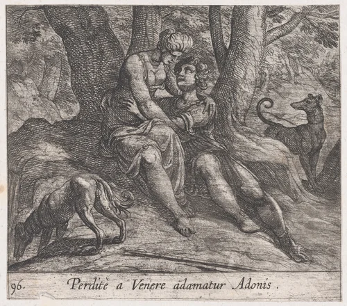 Plate 96: Venus and Adonis Embracing (Perditè a Venere adamatur Adonis), from Ovid's 'Metamorphoses' by Antonio Tempesta, print, 1606