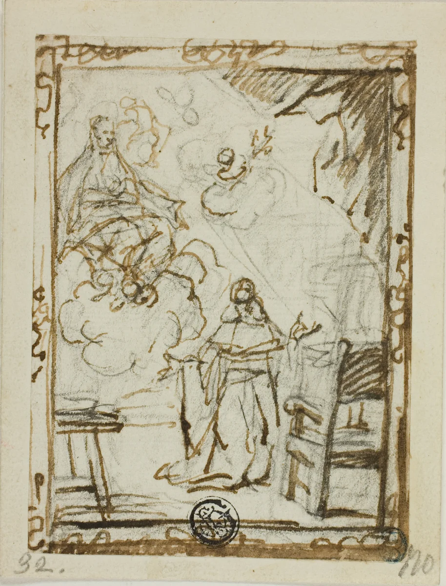 Madonna Appearing to Kneeling Saint by Unknown Artist, drawing, 1600-1699