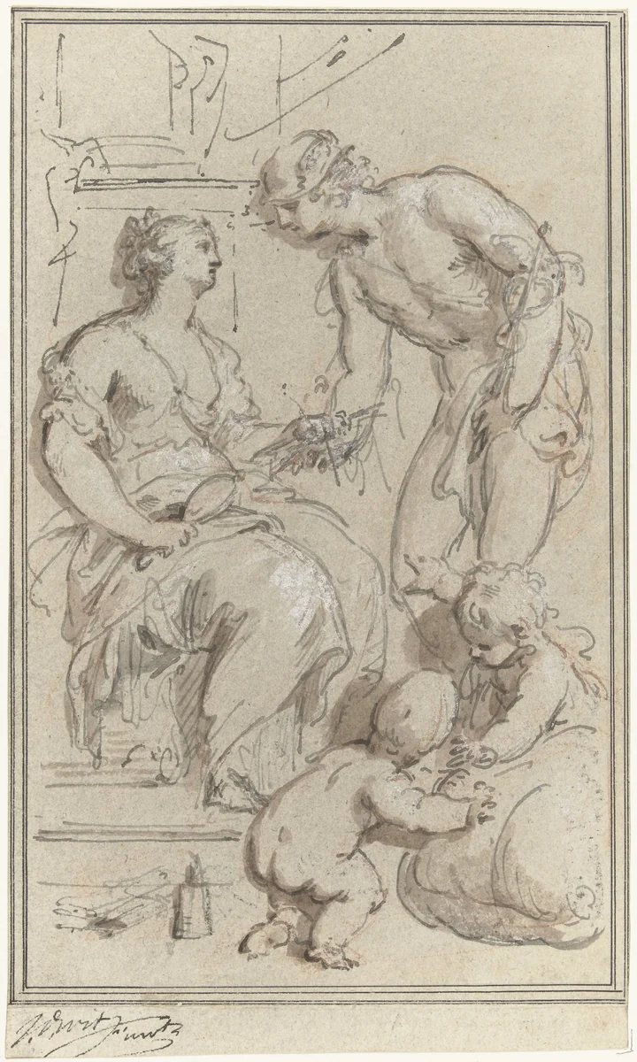 Allegorie op de zijdehandel by Jacob de Wit, drawing, 1738