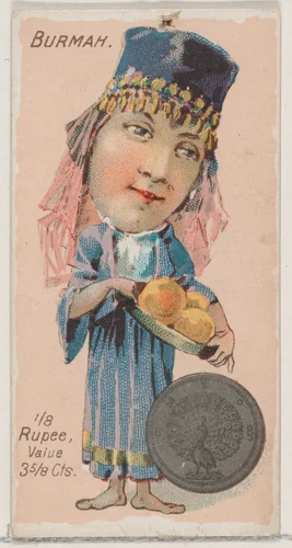 Caricatured Burmese figure, 1/8 Rupee, from the series Coins of All Nations (N72, variation 2) for Duke brand cigarettes by W. Duke, Sons & Co., print, 1889