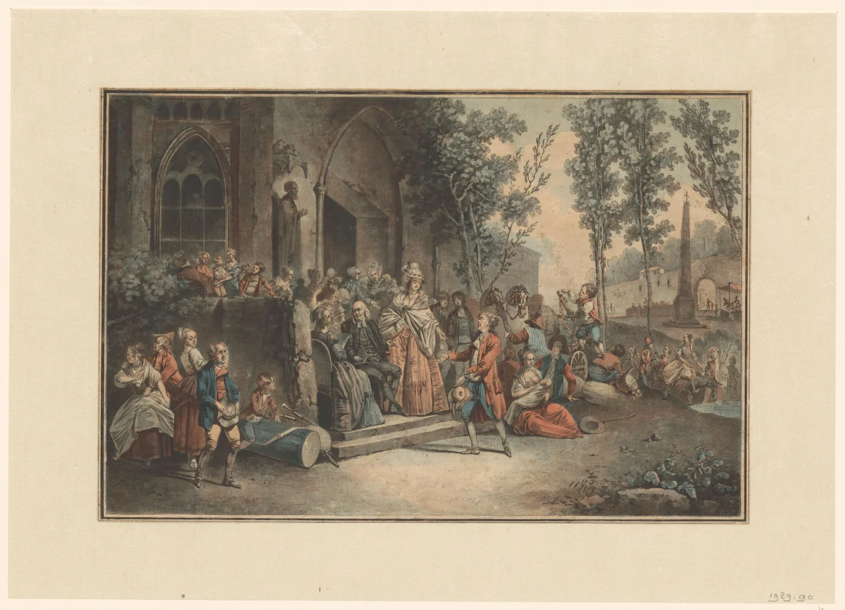 Elegant gezelschap voor een kerk by Charles Benazech, print, 1790