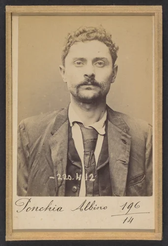 Ponchia. Charles, Albino. 32 ans, né le 1/3/62 à Montanaro (Italie). Menuisier. Anarchiste. 2/7/94. by Alphonse Bertillon, photograph, 1894
