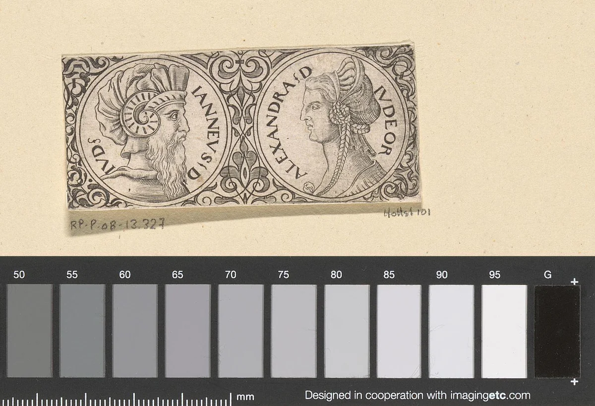Twee antieke medaillons met de portretten van Alexander Janneüs en Salome Alexandra by Franz Isaac Brun, print, 1559-1596