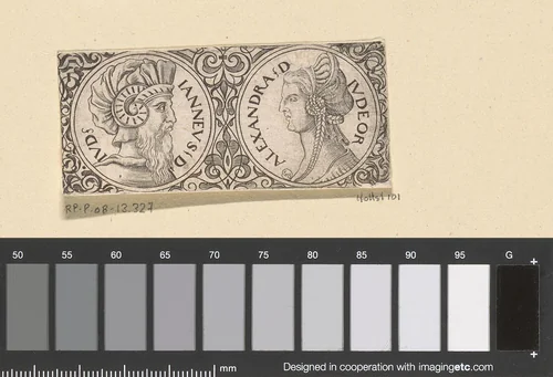 Twee antieke medaillons met de portretten van Alexander Janneüs en Salome Alexandra by Franz Isaac Brun, print, 1559-1596