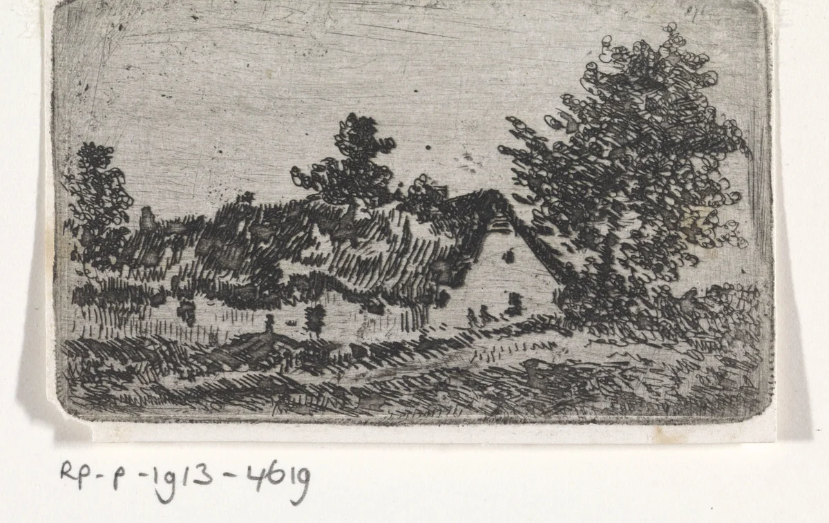 Rietgedekt huis in een landschap by Arnoud Schaepkens, print, 1855-1904
