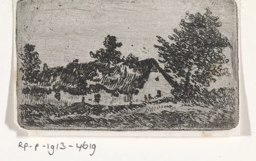 Rietgedekt huis in een landschap by Arnoud Schaepkens, print, 1855-1904
