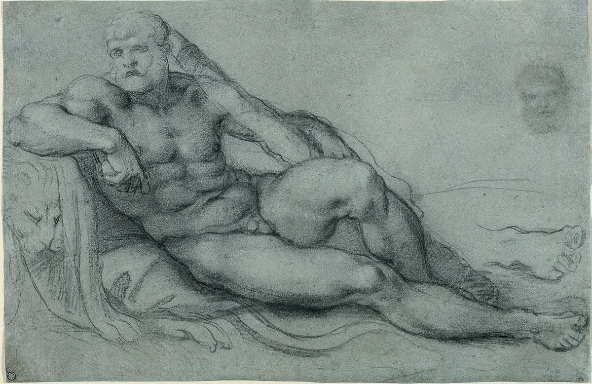 Study of Hercules Resting, with Separate Studies of His Head and Foot (recto); Rectangular grid design (verso) by Annibale Carracci, drawing, 1595-1597
