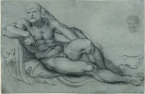 Study of Hercules Resting, with Separate Studies of His Head and Foot (recto); Rectangular grid design (verso) by Annibale Carracci, drawing, 1595-1597