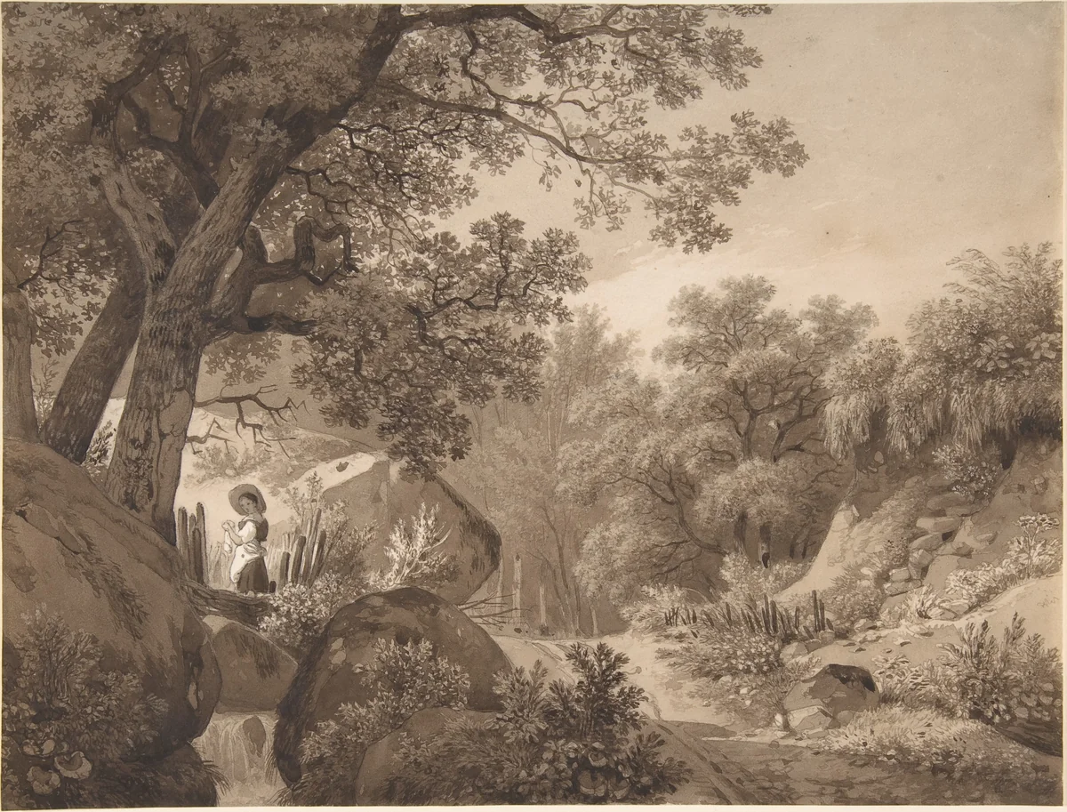 Landscape with a Young Girl at a Waterfall by Wolfgang Adam Töpffer, drawing, 1780-1847