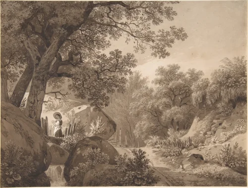 Landscape with a Young Girl at a Waterfall by Wolfgang Adam Töpffer, drawing, 1780-1847