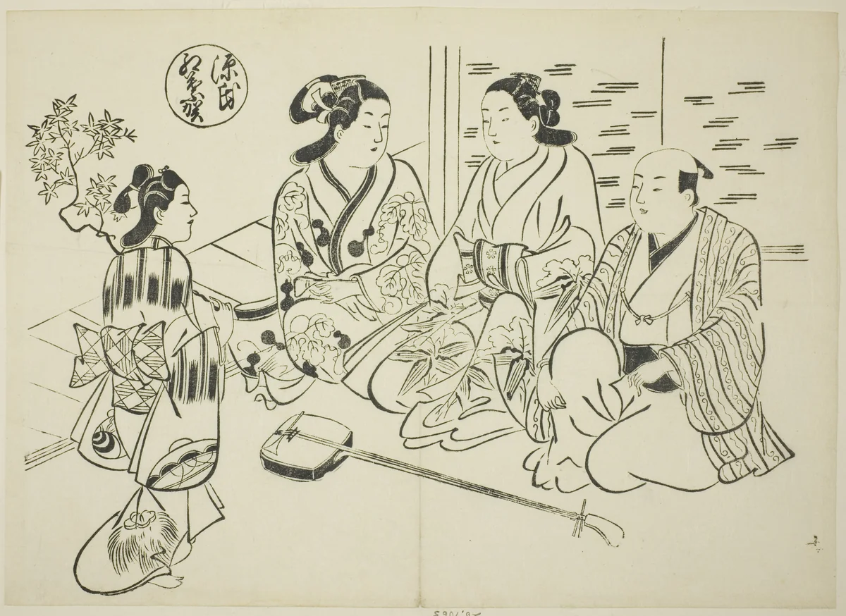 The Momiji-no-ga Chapter from "The Tale of Genji" (Genji Momiji-no-ga), from a series of Genji parodies by Okumura Masanobu (奥村政信), print, 1705-1715