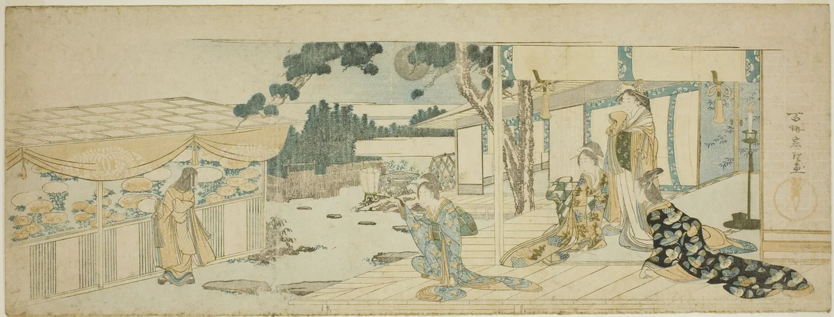 Women on the Veranda Looking at a Girl Picking Flower by Katsushika Hokusai (葛飾 北斎), print, 1785-1805