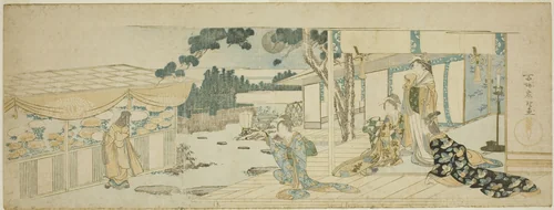 Women on the Veranda Looking at a Girl Picking Flower by Katsushika Hokusai (葛飾 北斎), print, 1785-1805