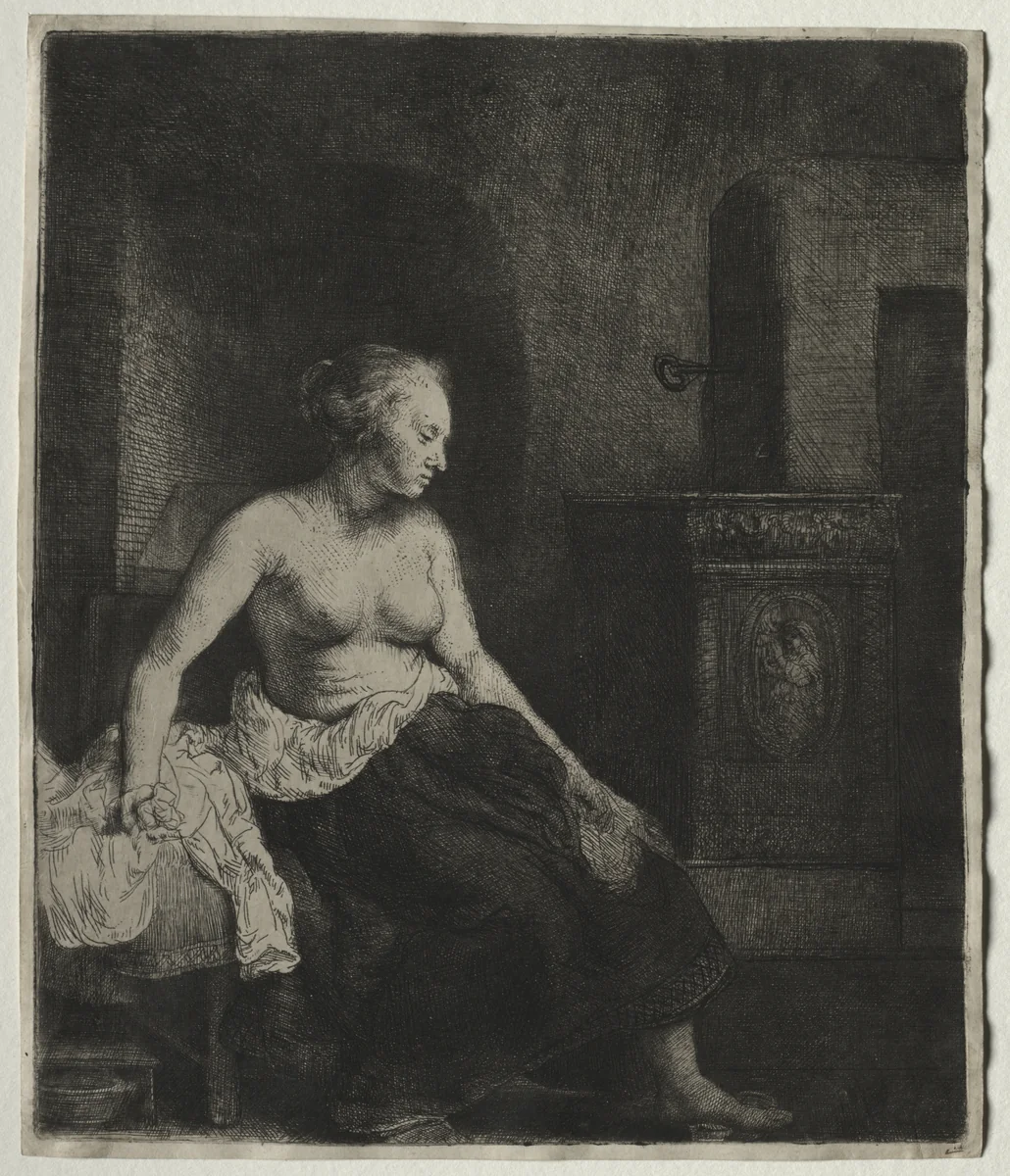 Woman Sitting Half Dressed Beside a Stove by Rembrandt van Rijn, print, 1658
