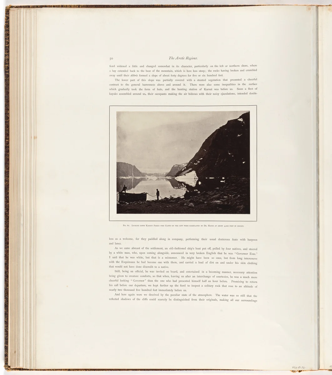 "Looking down Karsut Fiord - the cliffs on the left were calculated by Dr. Hayes at about 4,000 feet in height." by George P. Critcherson, John L. Dunmore, William Bradford, photograph, 1869