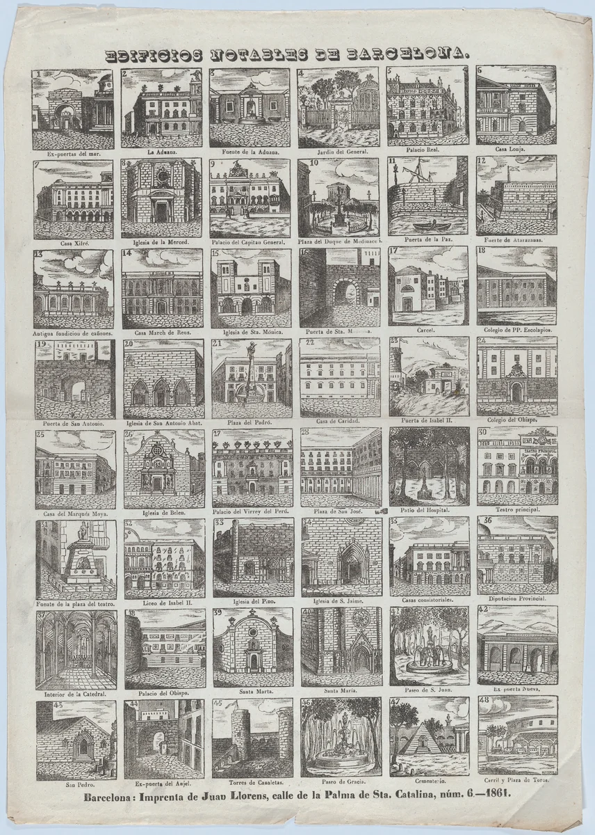 Broadside with 48 views of notable houses in Barcelona by José Noguera, print, 1861