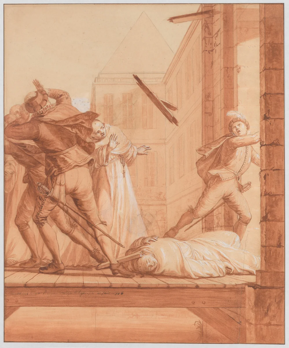 Scene 28: The Blessed Abbot having retired to the Château de Montaigu, soldiers of the league arrive to capture him as he leaves. A piece of wood falls from on high and scatters the soldiers and wounds the Holy Abbot, whom they leave for dead; he is miraculously cured and escapes by Matthieu Elias, drawing, 1706