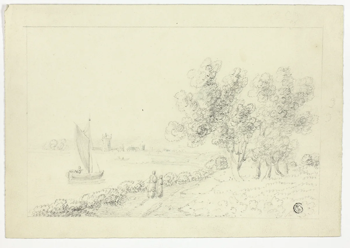 A Harbor with a Sailboat by Unknown Artist, drawing, 1800-1899