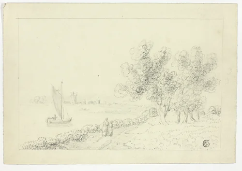 A Harbor with a Sailboat by Unknown Artist, drawing, 1800-1899