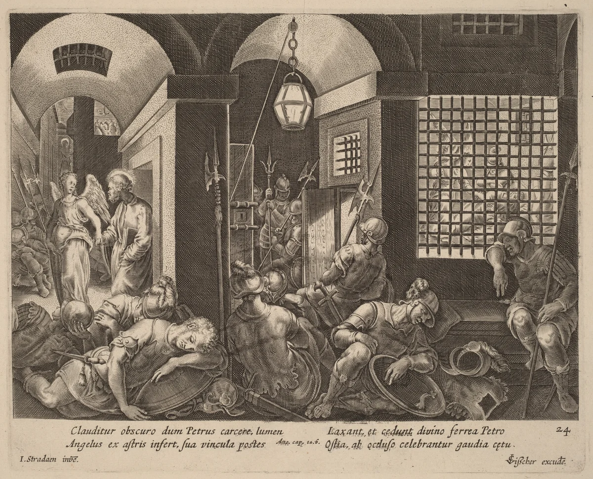 Saint Peter Delivered from Prison by an Angel by Philip Galle, print, 1537-1612