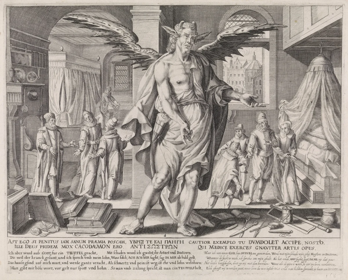 De geneesheer als duivel by Johann Gelle, print, 1609