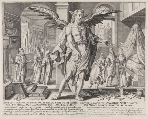 De geneesheer als duivel by Johann Gelle, print, 1609