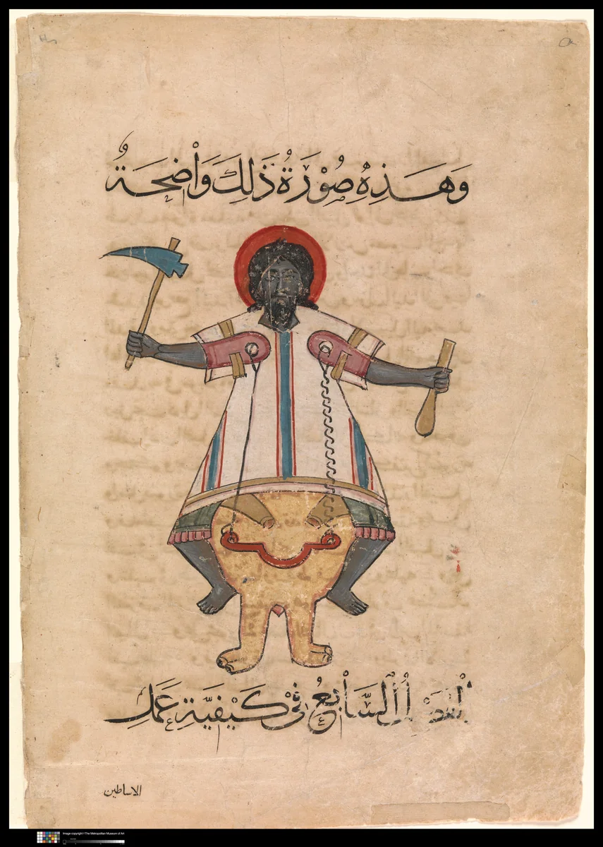 "Design for a Clock in the Form of an Elephant with an Indian Driver", Folio from a Book of the Knowledge of Ingenious Mechanical Devices by al-Jazari by Badi' al-Zaman ibn al-Razzaz al-Jazari, manuscript, 1290-1340