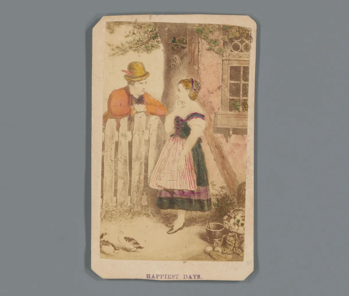 Fotoreproductie van een tekening van een van en vrouw bij een hek als reclame voor kledingzaak Pierson & Hews in New Orleans, Louisiana by anonymous, photograph, 1850-1915