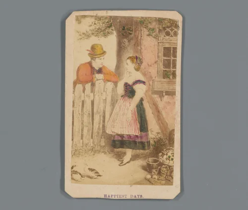 Fotoreproductie van een tekening van een van en vrouw bij een hek als reclame voor kledingzaak Pierson & Hews in New Orleans, Louisiana by anonymous, photograph, 1850-1915