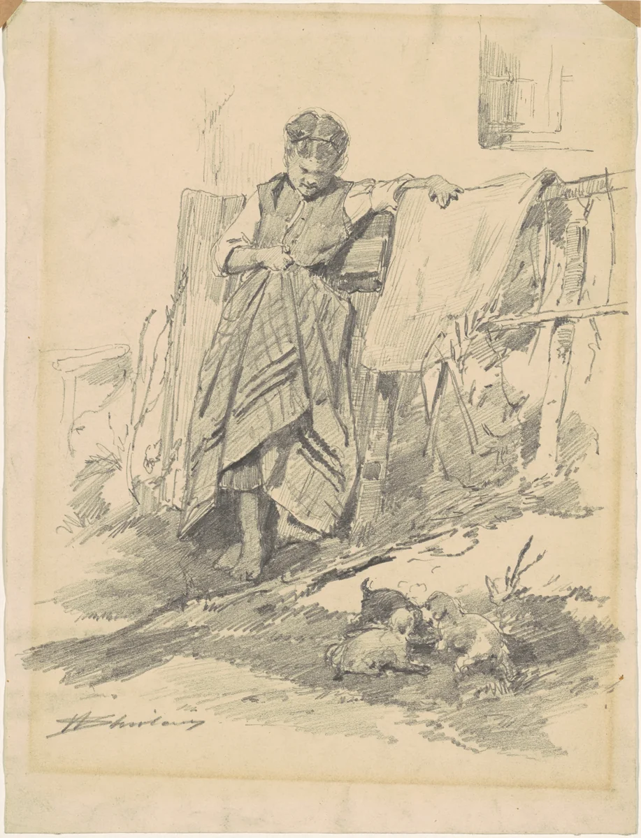Woman Watching Puppies by Walter Shirlaw, drawing, 1870-1899