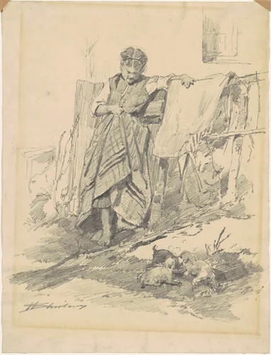 Woman Watching Puppies by Walter Shirlaw, drawing, 1870-1899